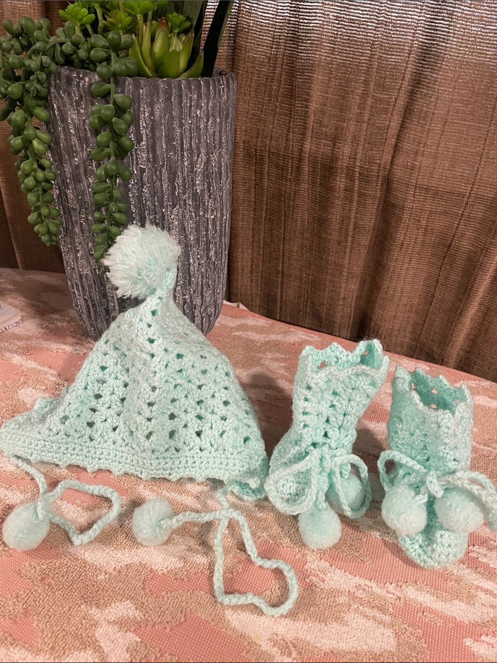 Handmade Mint Crochet Baby Hat & Booties Set